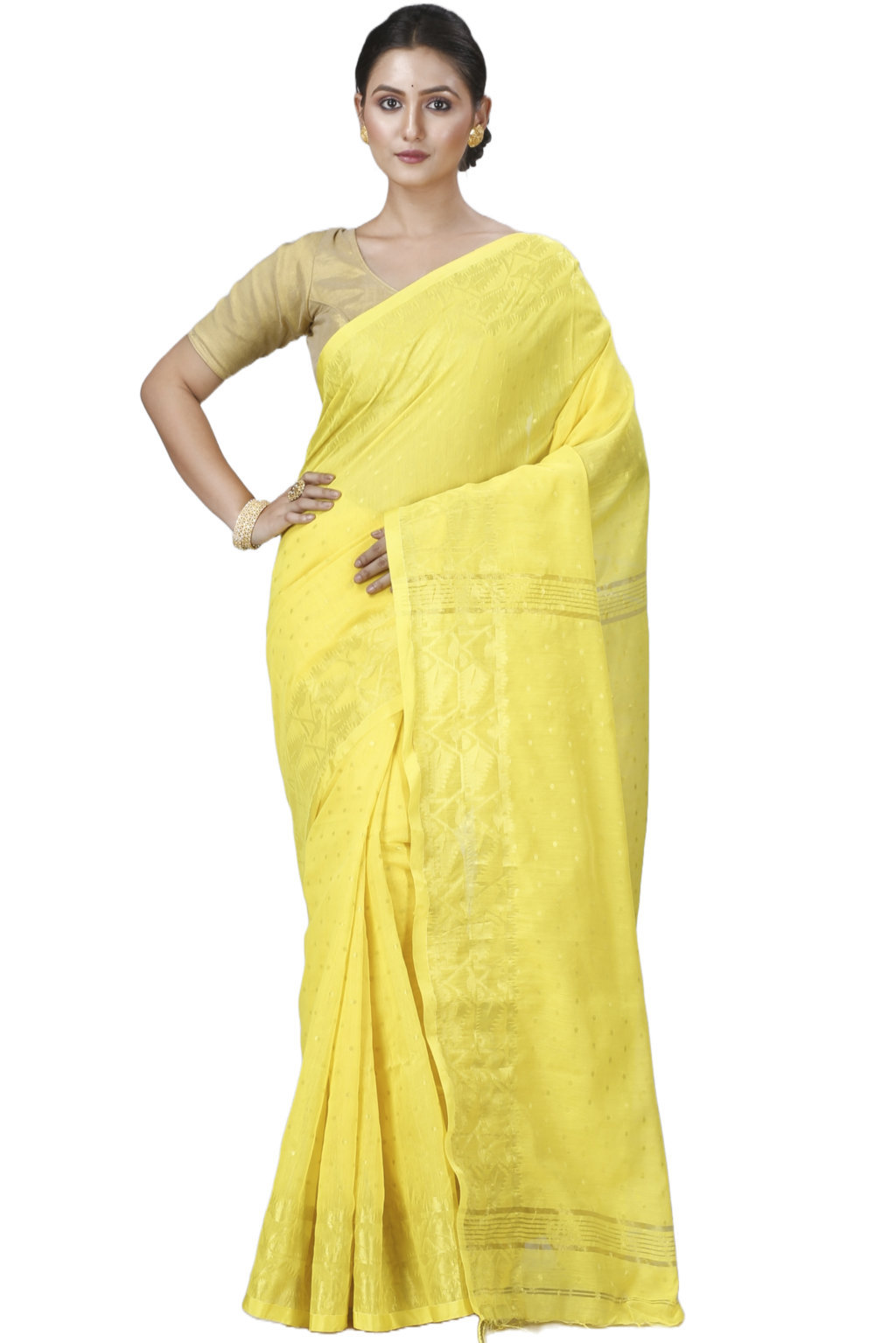Yellow Blended Cotton Temo Hand Loom Saree (1266)